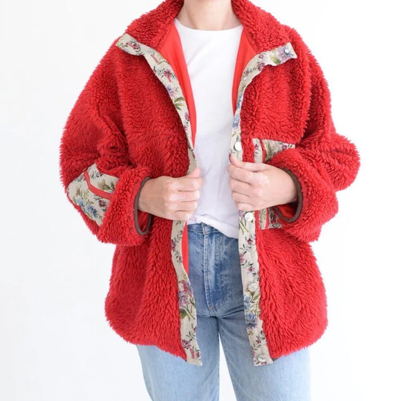 Sandy Liang Boxbox Red Fleece Snap Front Floral Patchwork  Teddy Bear Jacket M - Picture 2 of 13